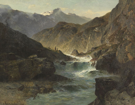 Hochgebirge mit tosendem Fluss, 1880.