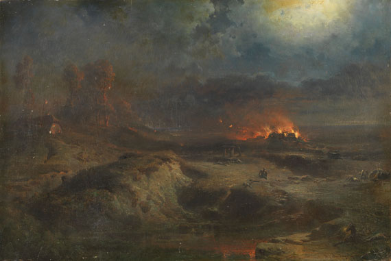 Nächtliche Szene mit brennendem Gehöft, 1866.
