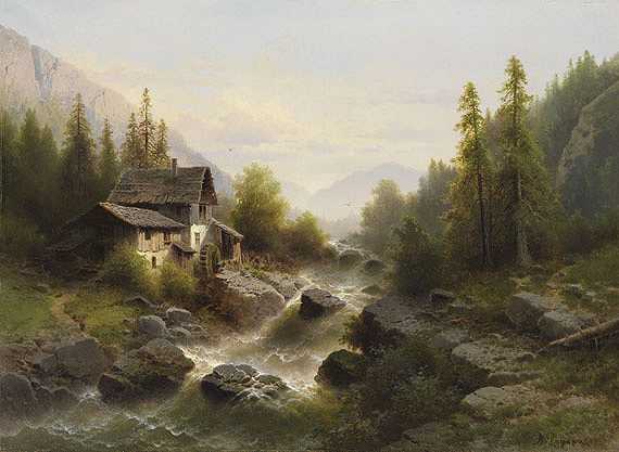 Landschaft mit Wassermühle im Berner Oberland