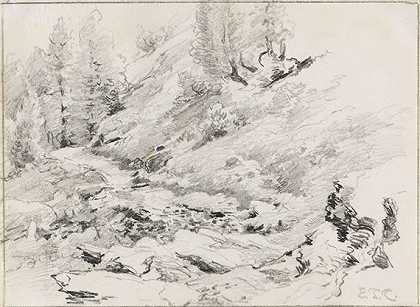 带岩层的森林草图，约1880/90年。-爱德华·西奥多·康普顿