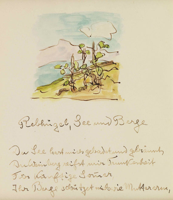 Rebhügel, See und Berge. Eigenhändiges Gedicht mit Orig.-Aquarell, 1930.