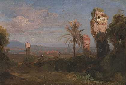 南部景观，有废墟和棕榈树，约1830年。-弗里德里希·奥古斯特·埃尔萨瑟