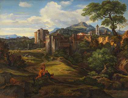 1830年左右，坎帕尼亚的风景与坚固的城市。-费迪南德·奥利维尔