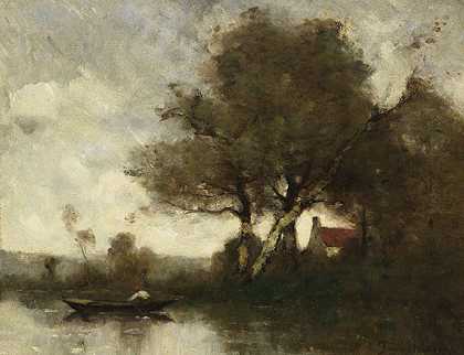 有房子和船上的人的河流景观-保罗·德西雷·特鲁伊伯特