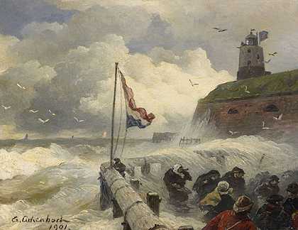 1901年，码头上的风暴浪。-安德烈亚斯·阿肯巴赫