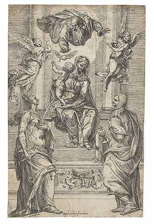 麦当娜与孩子和两个圣徒的王座，高于上帝、圣父、圣灵和两个天使-贾科莫·瓦莱吉奥