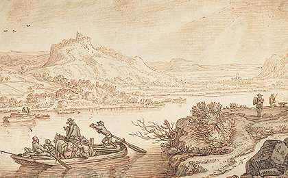 莱茵河风景与渡船，约1800年。-德国