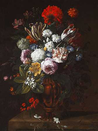青铜花瓶中的大型花卉静物，1693年。-Gaspar Pieter II Verbruggen