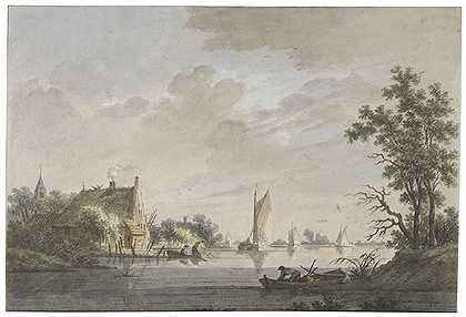 荷兰河流景观（不是Dorp Finkorten（？）在Lek），嗯1800。-尼古拉斯·维卡特