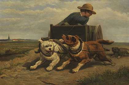 带狗推车的男孩，大约1850/60。-亨丽埃特·罗纳刀