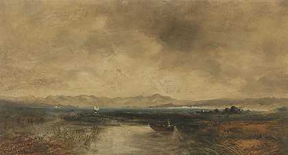 1867年，基姆西湖的景色。-爱德华·德阿尔。Schleich