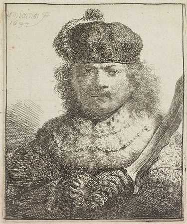 举剑自画像，1634年。-哈曼森·伦勃兰特·范·里恩