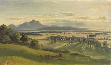 约1860年，萨尔茨堡与巴伐利亚之间的利弗林村和浸信会的景色。-约瑟夫·梅伯格
