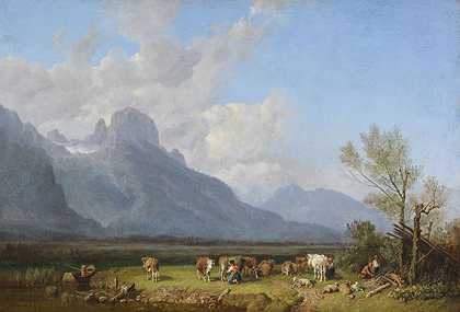 湖岸上的畜牧牧民，大约1845/1850年。-海因里希·比克尔