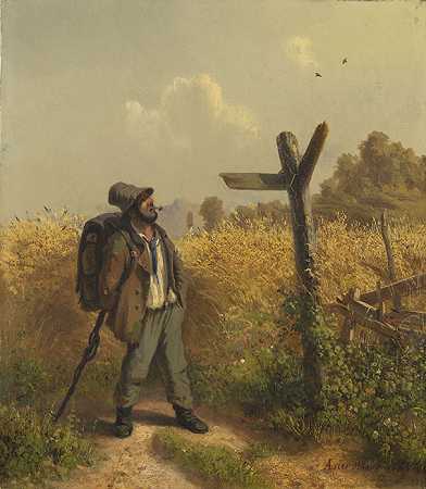 路标上的流浪汉，1854年。-阿道夫·海因里希·李尔