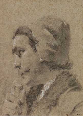 （周界）戴着帽子和胡子的肖像画男子。，大约1740年。-乔瓦尼·巴蒂斯塔·皮亚泽塔