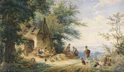 夏季景观，农民加工亚麻，约1860/70年。-安东娃娃