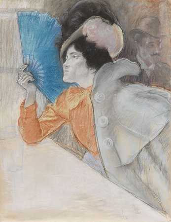 拿着蓝色扇子的女士，嗯1900。-路易斯·奥古斯特·马蒂厄·罗格朗