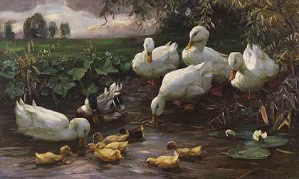 大约1905-1910年，湖岸上有鸭子和小鸡。-亚历山大·科斯特
