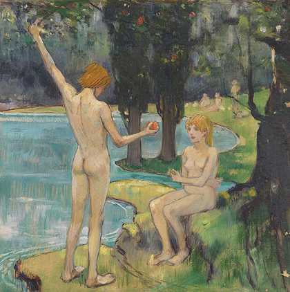 亚当和夏娃（天堂），约1895/1900年。-路德维希·冯·霍夫曼