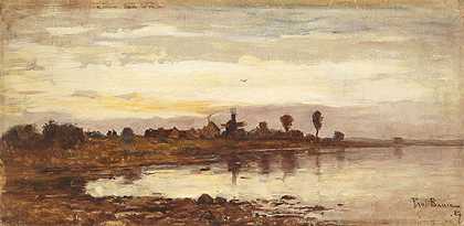 荷兰运河风车景观，1887年。-保罗·鲍姆