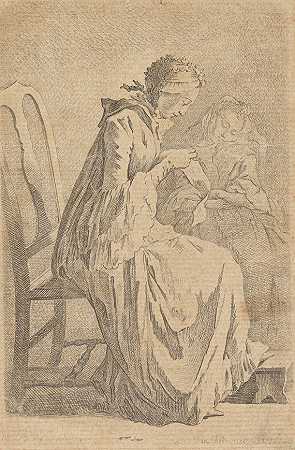 1758年，两位坐着的女士（德米塞尔·昆廷和艺术家的妻子）。-Daniel Chodowiecki先生
