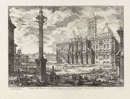 1749年，圣玛丽亚·马焦雷大教堂与所述大教堂的两侧工厂的视图。-乔凡尼·巴蒂斯塔·皮拉内西