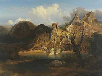 1840年，崎岖的岩石部分和山湖景观。-卡尔·达尔