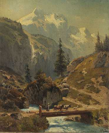 高山中的山涧，1873年。-阿道夫·康拉德·莫森格尔