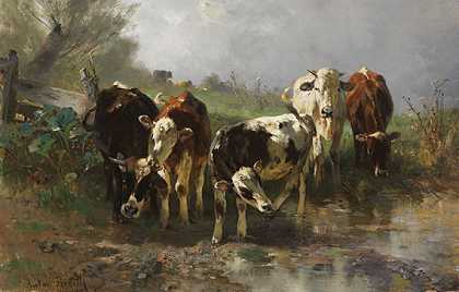 水边的奶牛，大约1870-1890年。-安东·布雷思