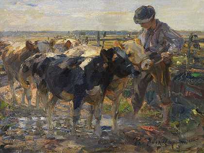 1900年左右，与小牛一起放牧。-海因里希·冯·苏格尔