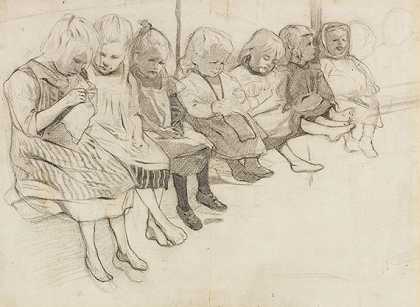 七个孩子坐在长椅上，大约1890-1915年。-艺术家的书