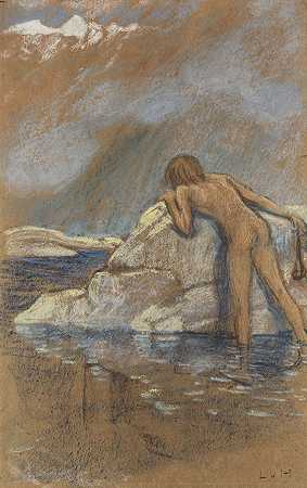 裸体男孩，用弹弓追旱獭，大约1892/94年。-路德维希·冯·霍夫曼