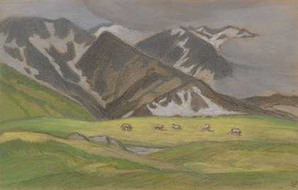 大约1895/1899年，瑞士阿尔卑斯山上有放牧的奶牛。-路德维希·冯·霍夫曼