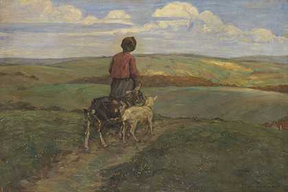 1900年左右，带着山羊回家的女孩。-弗朗茨·瓦利切克