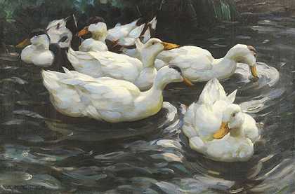水中有六只鸭子，大约1900-1905年。-亚历山大·科斯特