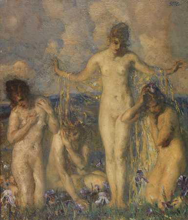 大约1880/90年，四名裸体女性在一片带有鸢尾花的草地上。-卡尔·冯·马尔