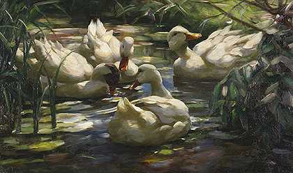 森林池塘上的鸭子，大约1909-1913年。-亚历山大·科斯特