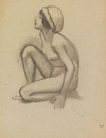 裸体跪着戴帽子的女性，约1890-1910年。-路德维希·冯·霍夫曼