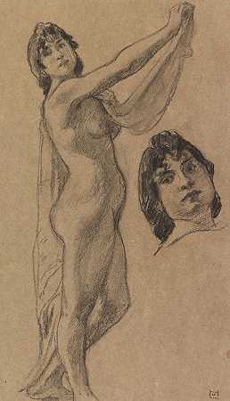 研究表，女性裸体站立，带布和头部研究，约1890-1910年。-路德维希·冯·霍夫曼