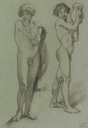 两个站立的男性裸体，1894年。-路德维希·冯·霍夫曼