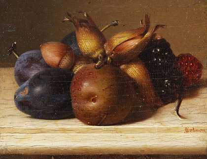水果和坚果的静物，约1820-1840年。-雅各布·莱恩
