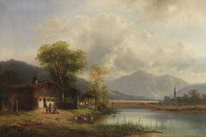 约1860-1880年，巴伐利亚上景观，湖边有洗手间。-安东娃娃