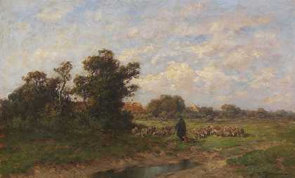 1900年左右，牧羊人带着羊群在村庄的郊区放牧。-德西雷·托马辛