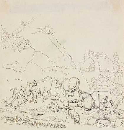 丘陵地貌，有放牧的牲畜和农家，约1800-1820年。-约翰·海因里希·威廉·蒂施贝因