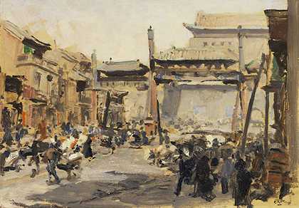 北京，前门（正阳门）前繁忙的街道，约1900-1920年。-埃里希·基普斯。