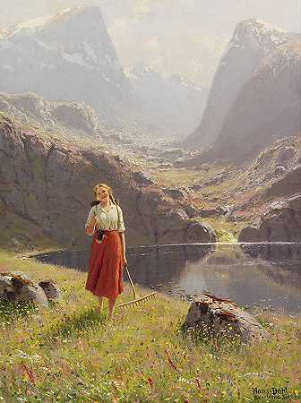 约1900-1920年，挪威峡湾返乡女孩与耙子和保持器的夏天。-汉斯·安德烈亚斯·达尔