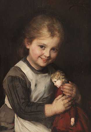 带娃娃的孩子，1881年。-弗朗茨·冯·德弗雷格