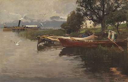 1900年左右，基姆西湖上的田园诗，弗劳恩塞尔河前的轮船，岸上的渔夫在船上。-卡尔·劳普