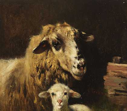 羊圈里有羊羔，大约1870/80。-奥托·格布勒